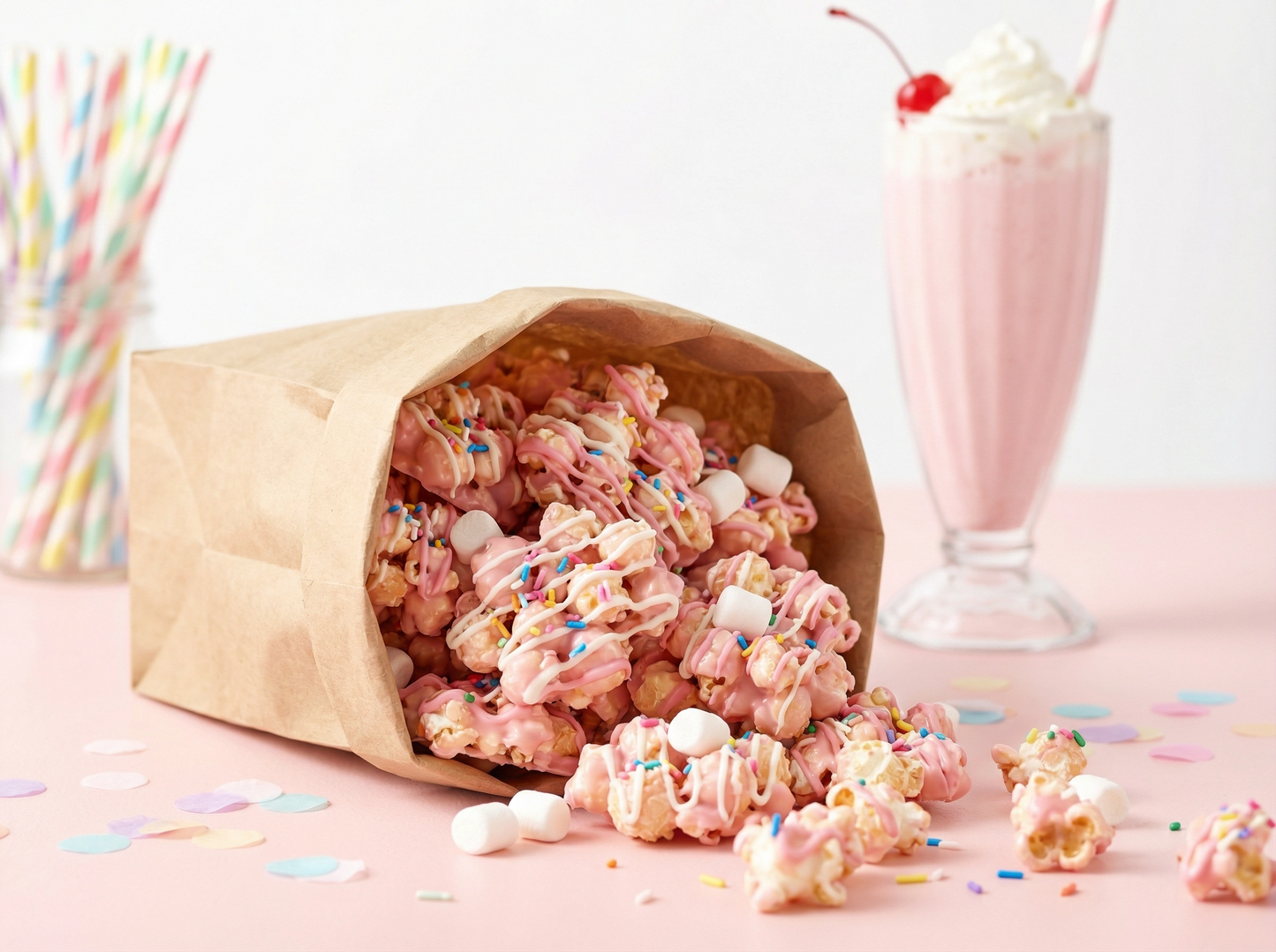 Bella Dolce Bakery Milk Shake Magic Gourmet Popcorn in a colorful bag with a milkshake illustration and popcorn pieces visible.