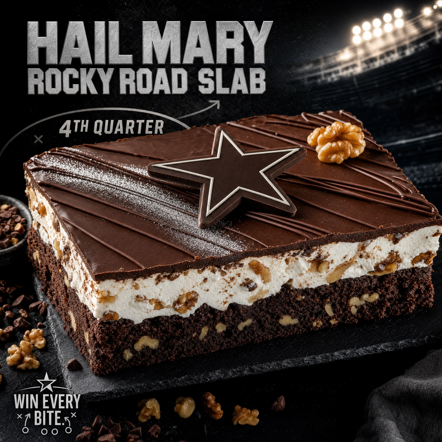 Bella Dolce Bakery Hail Mary Rocky Road Extreme Brownie slab with chocolate, marshmallows, and nuts for a rich, indulgent treat.