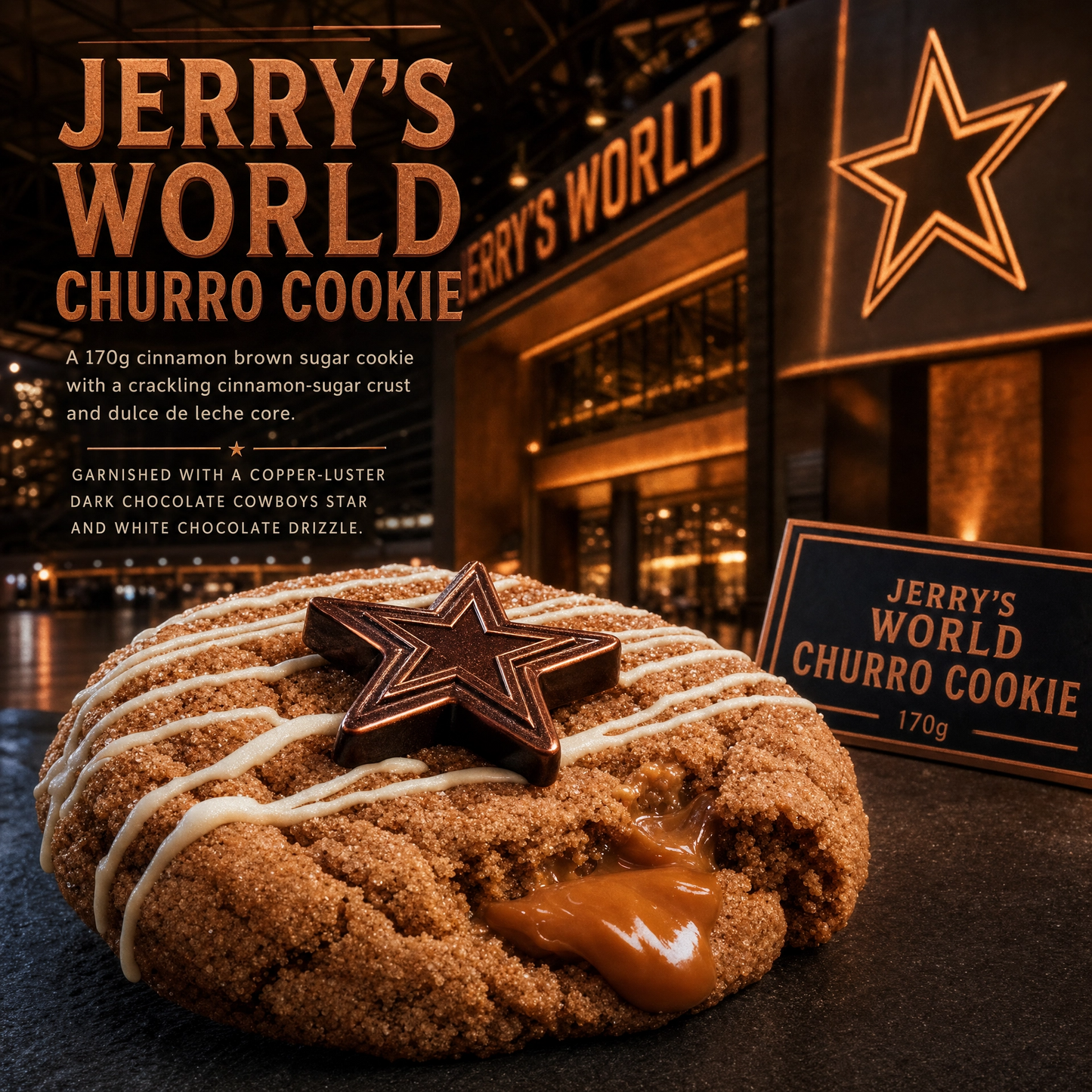 Gourmet Jerry's World Churro Cookie by Bella Dolce Bakery featuring a golden-brown cookie with churro-inspired cinnamon sugar topping.