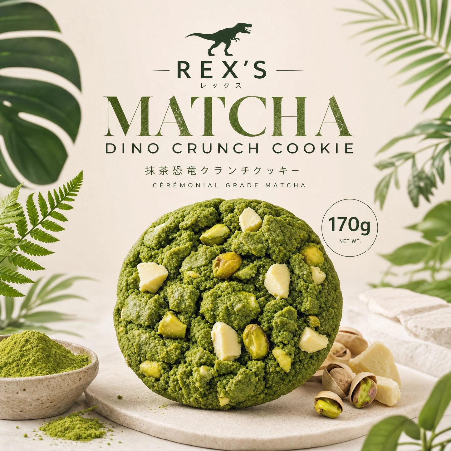 Rex's Matcha Dina Crunch gourmet cookie by Bella Dolce Bakery featuring a crunchy matcha-flavored cookie with a fun dinosaur shape.
