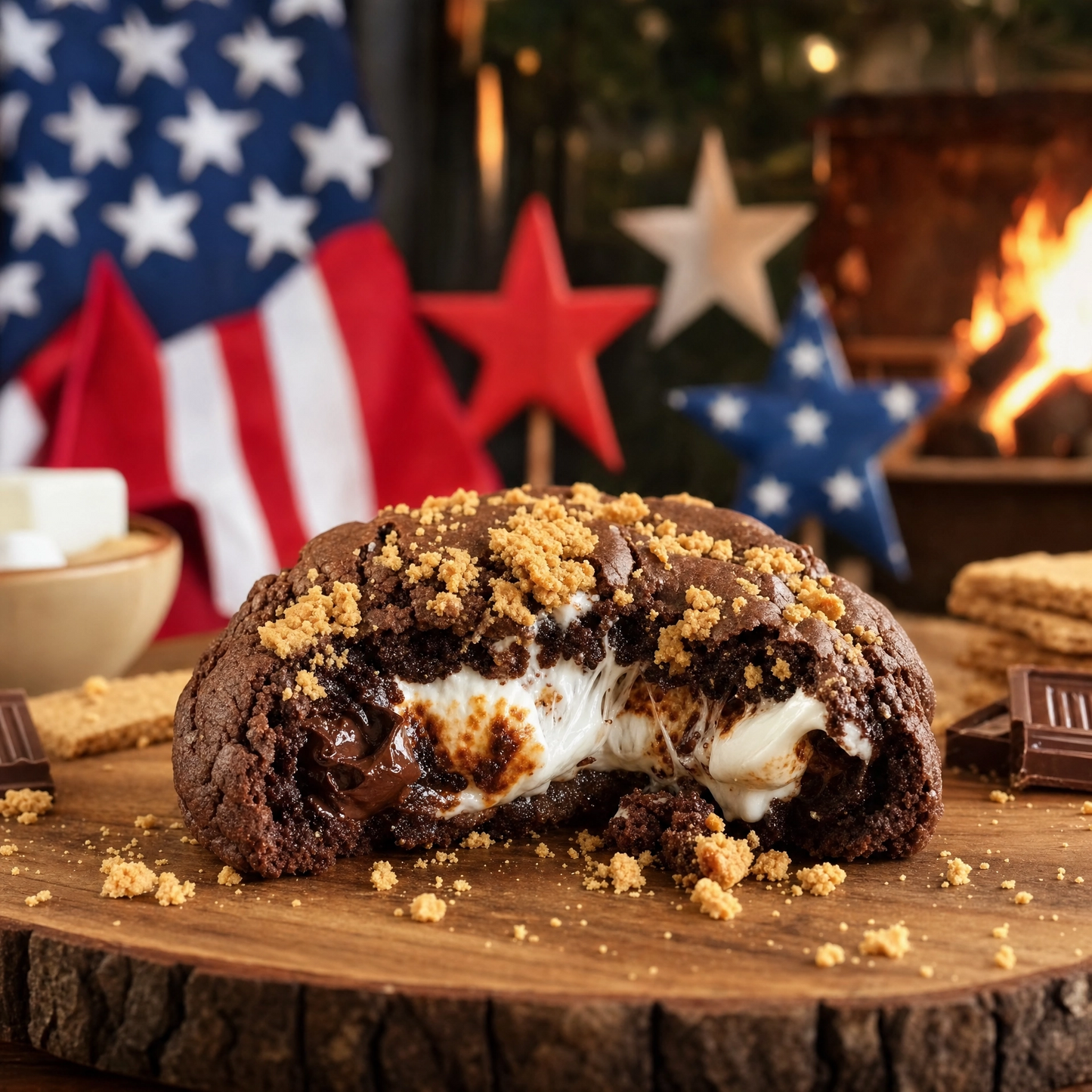 Bella Dolce Bakery Stars & Stripes S'mores Explosion gourmet cookie with colorful star and stripe decorations on a plate