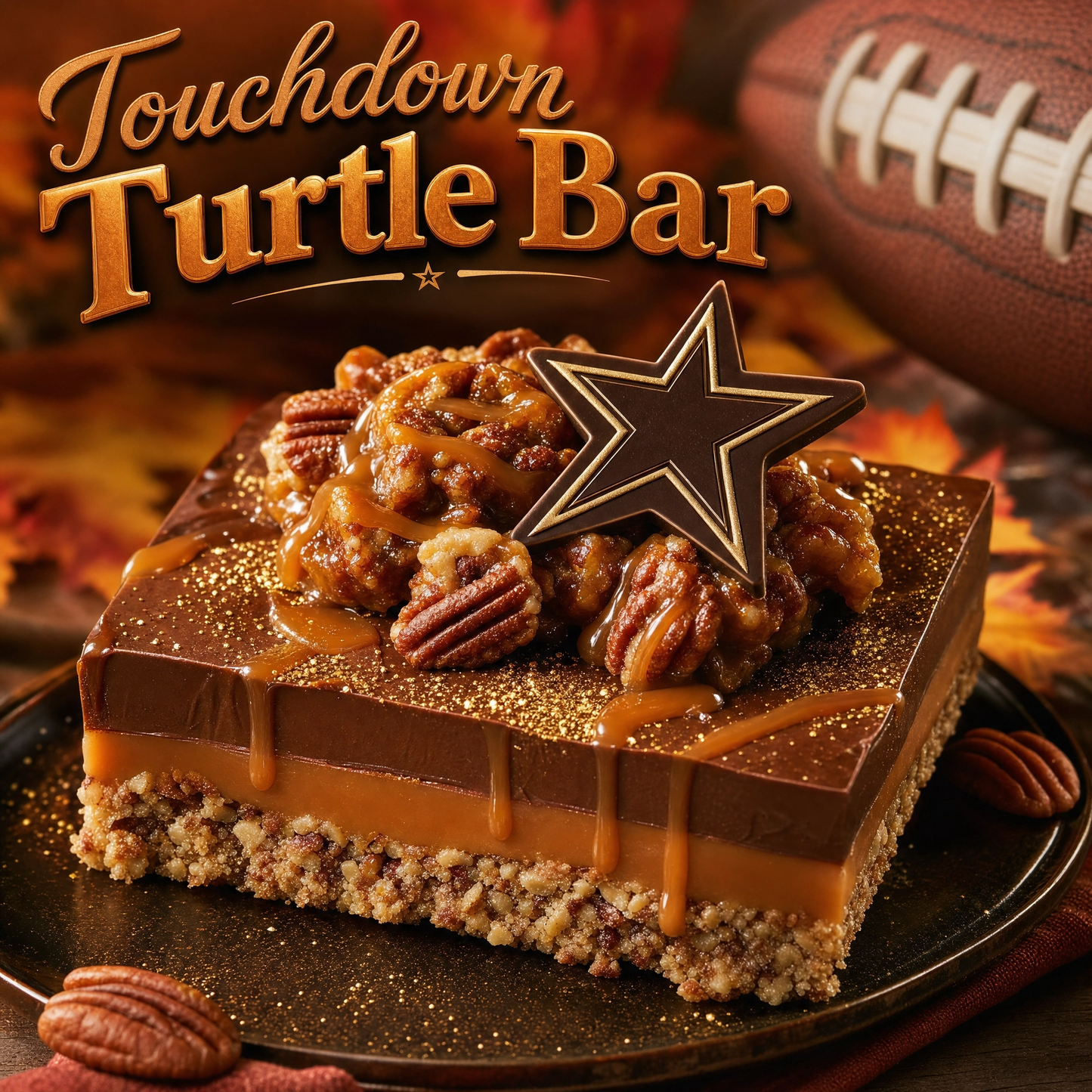 Extreme Brownie Touch Down Turtle Bar by Bella Dolce Bakery featuring rich chocolate, caramel, and pecan toppings.