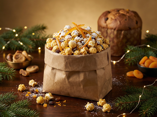 Bellissima Panet-Tone Star Gourmet Popcorn by Bella Dolce Bakery featuring star-shaped popcorn with festive toppings.