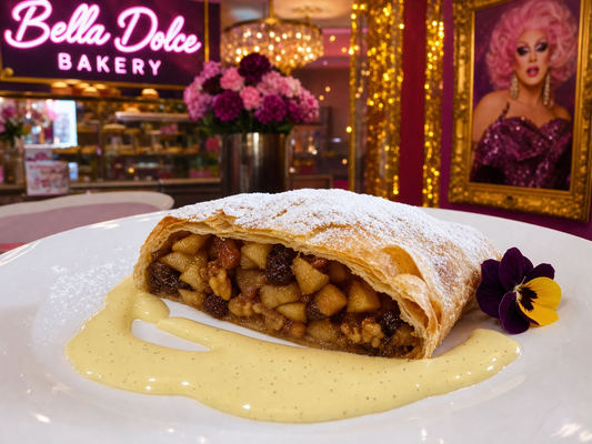 Freshly baked Apple Strudel from Bella Dolce Bakery, featuring golden flaky pastry and apple filling with cinnamon.