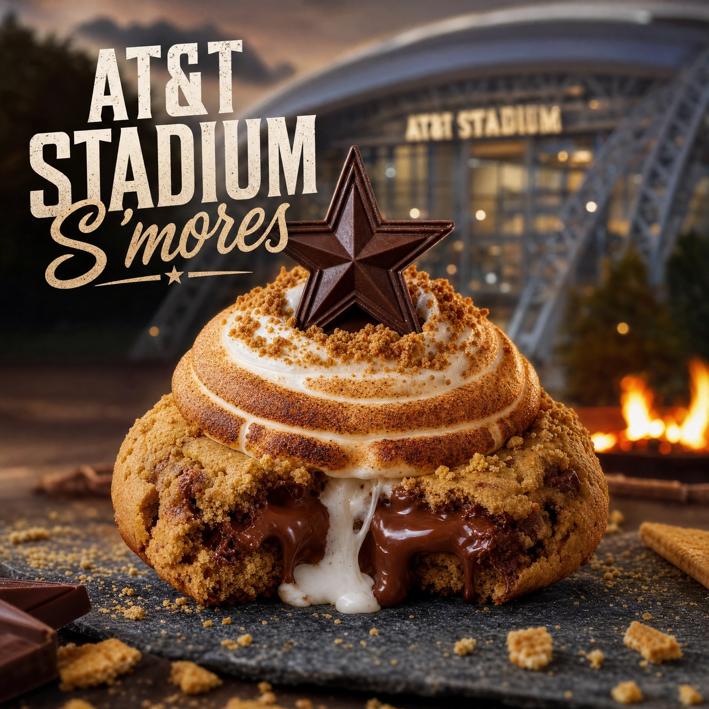 Bella Dolce Bakery Stadium S'mores gourmet cookie with graham cracker, chocolate, and marshmallow toppings on a plate.