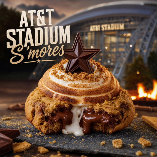 Bella Dolce Bakery Stadium S'mores gourmet cookie with graham cracker, chocolate, and marshmallow toppings on a plate.