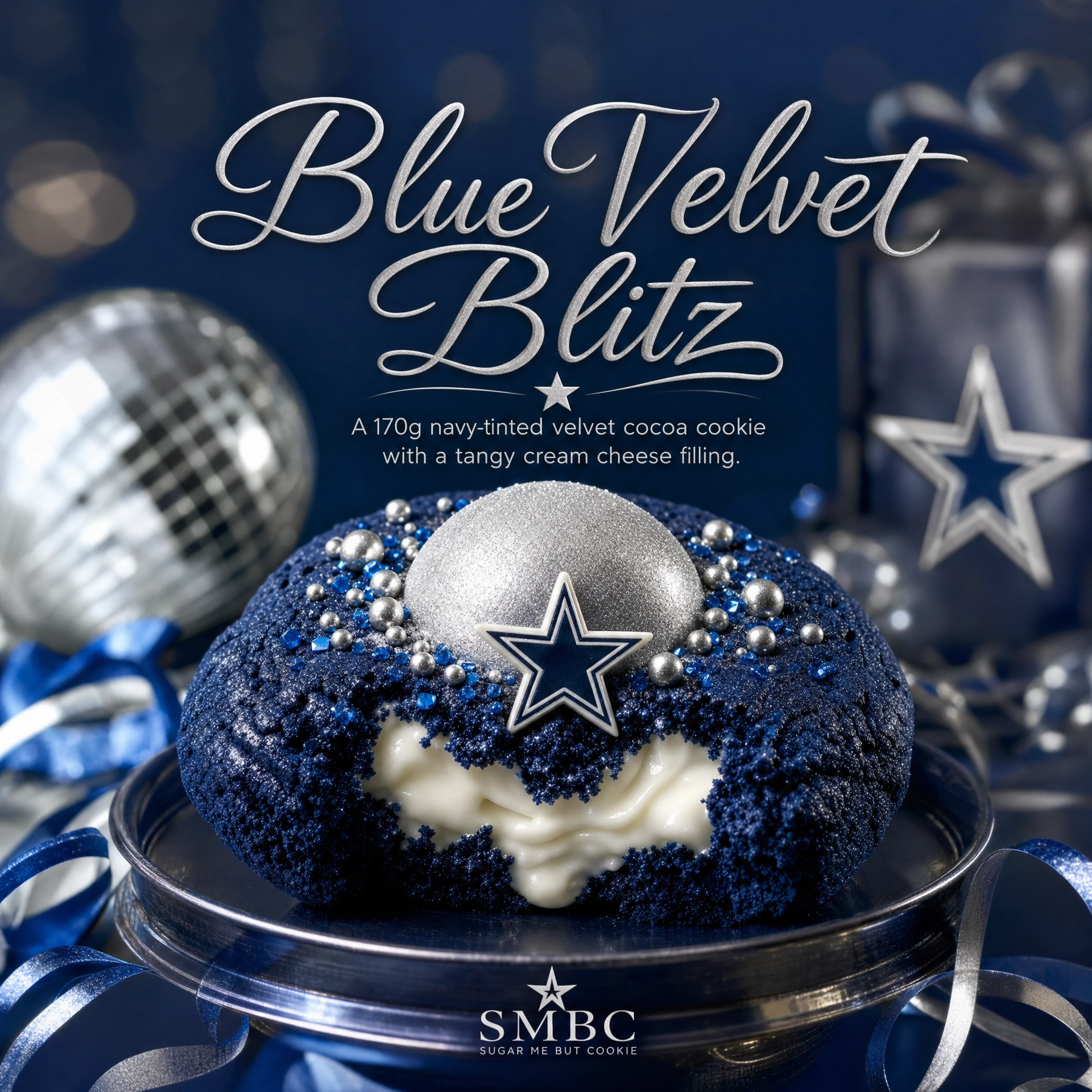 Blue Velvet Blitz gourmet cookie from Bella Dolce Bakery, showcasing a rich blue velvet exterior and detailed decoration.