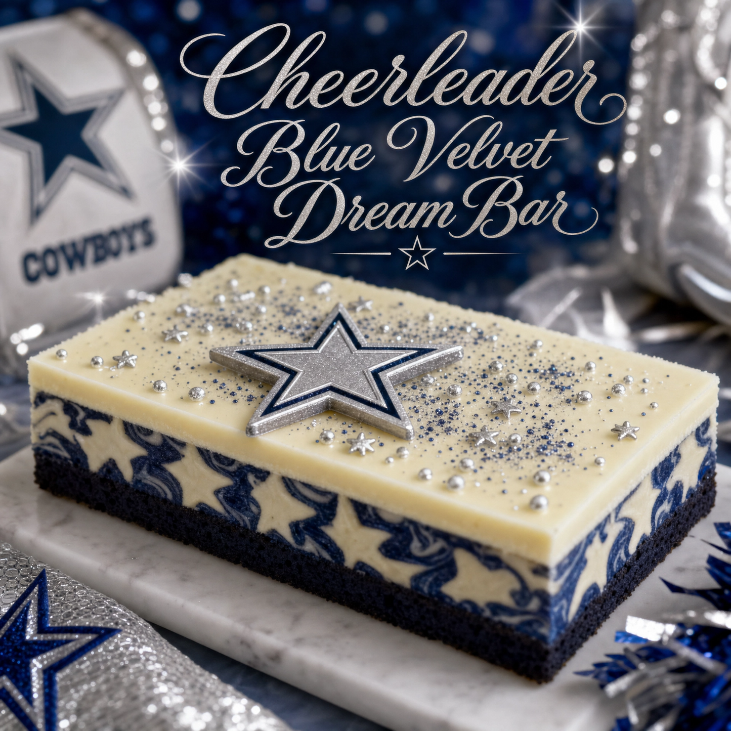 Blue velvet Dream Bar from Bella Dolce Bakery, a rich and creamy cheerleader-themed extreme brownie with vibrant blue color.