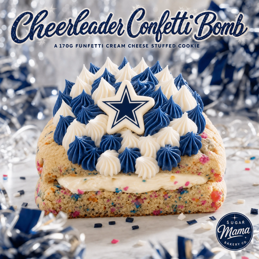 Gourmet cookie from Bella Dolce Bakery with cheerleader confetti and vibrant colorful sprinkles on a plate.