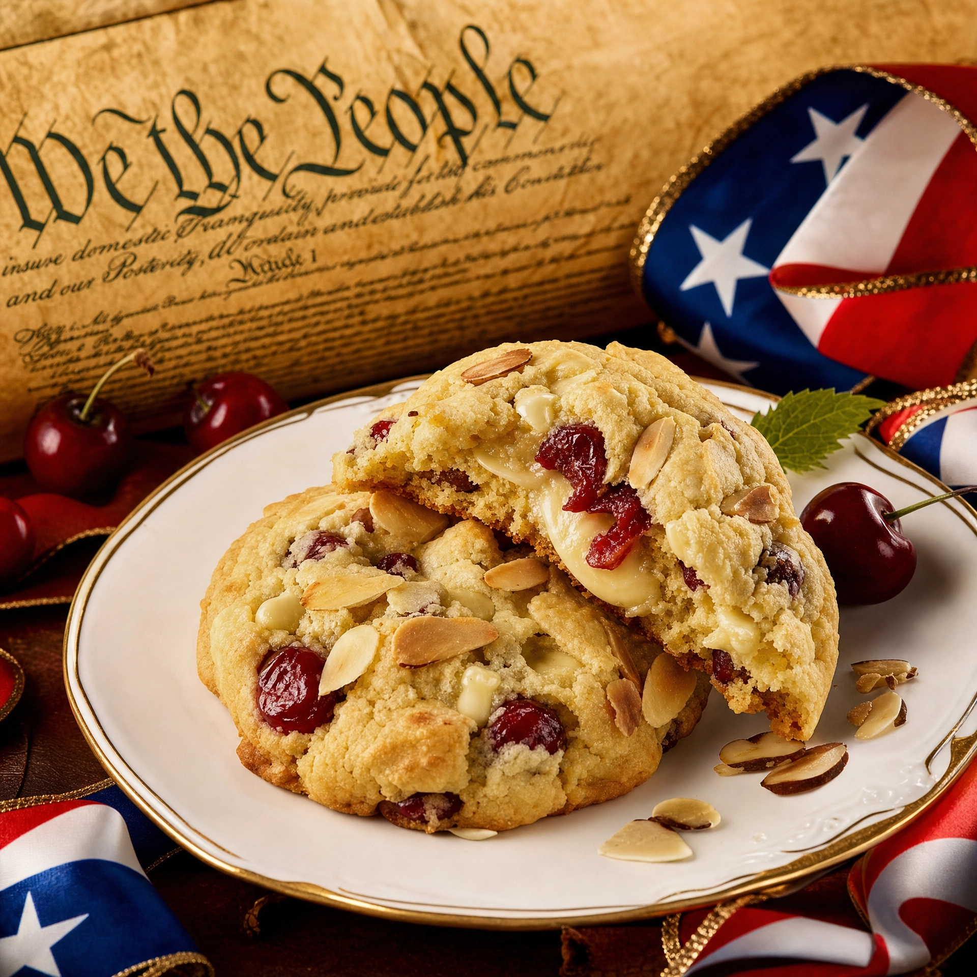 Bella Dolce Bakery Constitution Cherry Almond White Chocolate Gourmet Cookie with cherry pieces, almonds, and white chocolate on a plate.