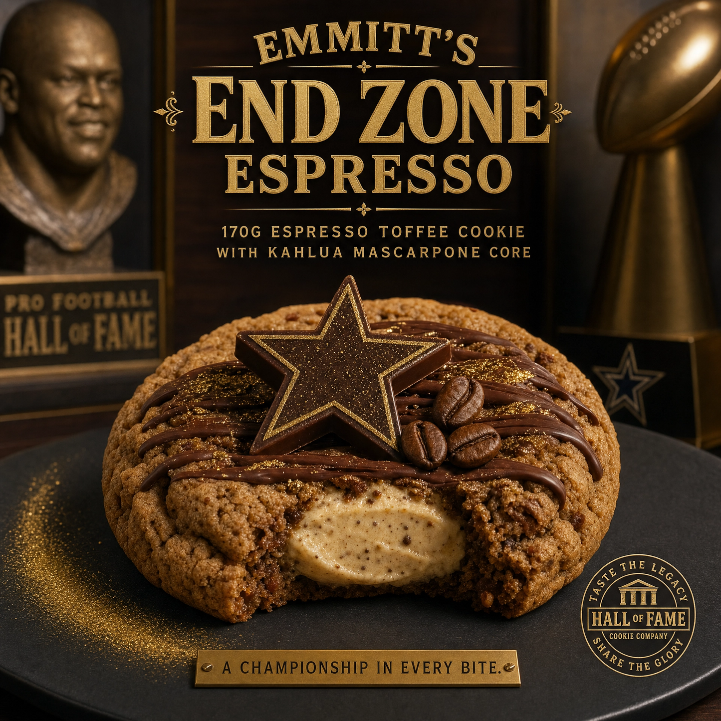 Emmit's End Zone Espresso gourmet cookie from Bella Dolce Bakery, featuring a rich chocolate and espresso flavor with a crisp texture.
