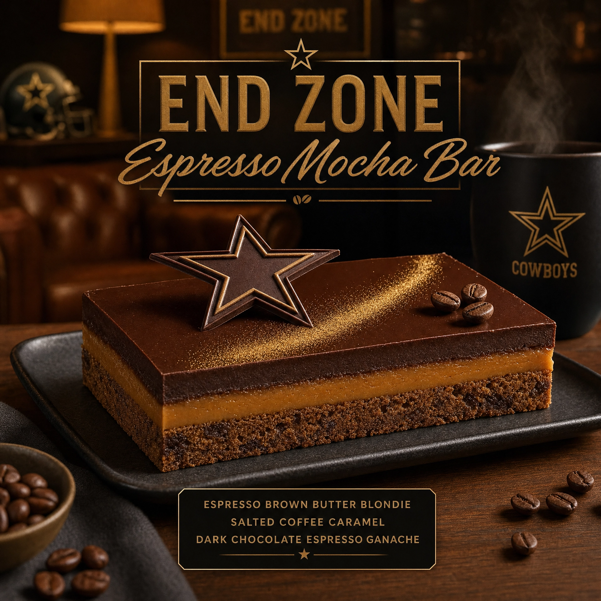 End Zone Espresso Mocha Extreme Brownie by Bella Dolce Bakery showing a rich, chocolatey brownie with espresso flavor and mocha glaze.