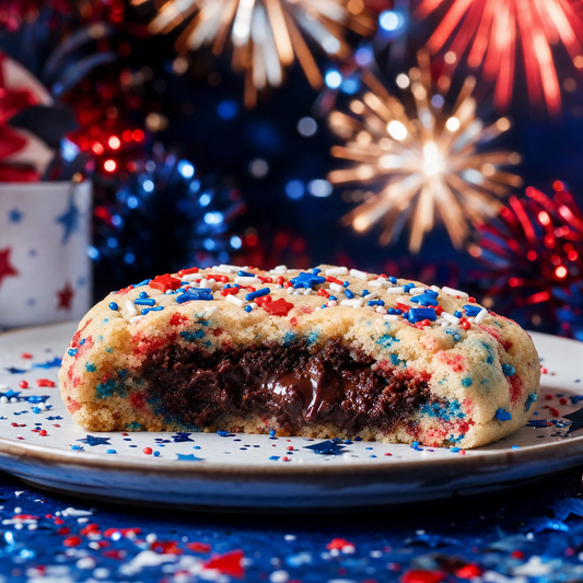 Bella Dolce Bakery Fireworks Funfetti Gourmet Cookie with colorful sprinkles and chocolate chips on a plate