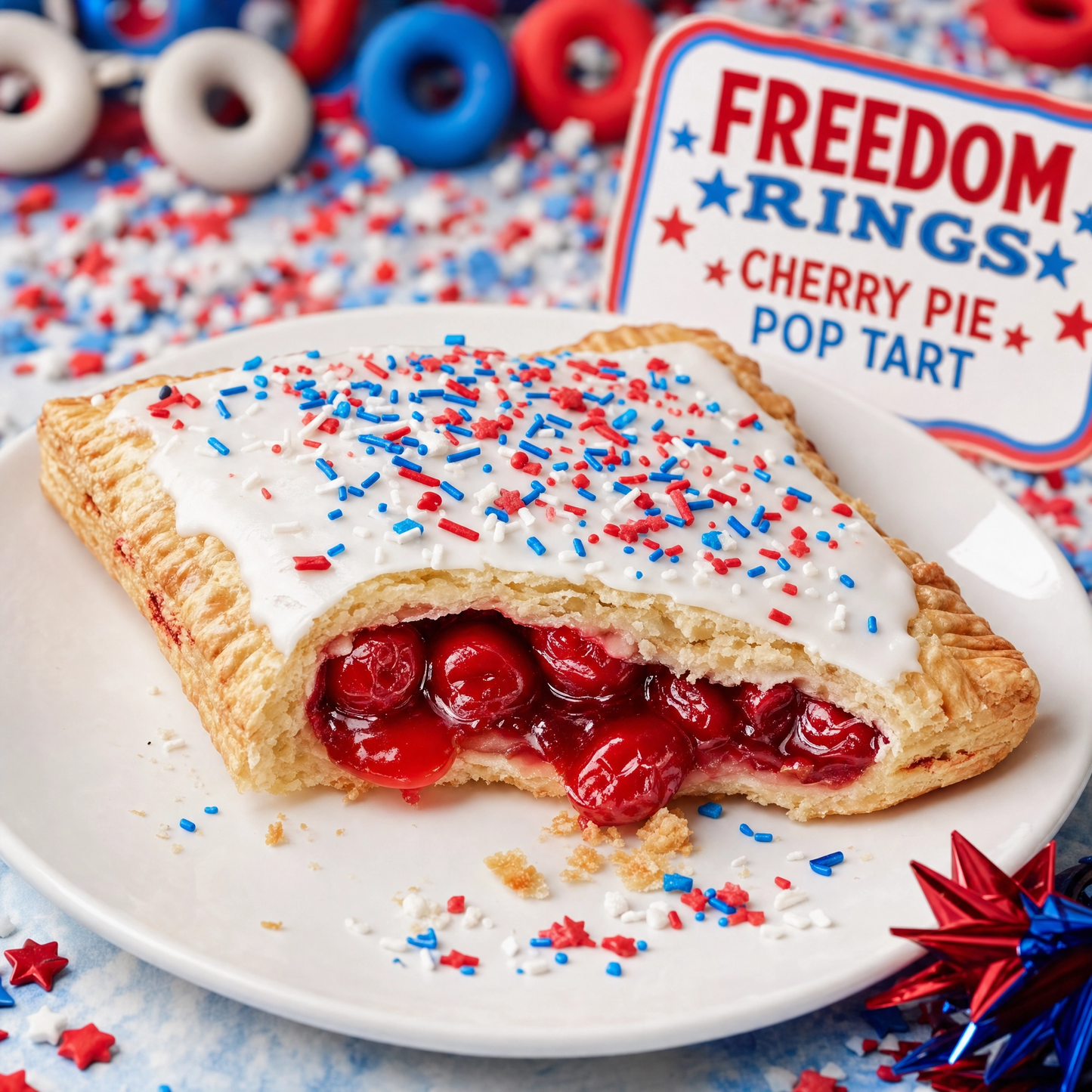 Bella Dolce Bakery Freedom Rings Cherry Pie Glam Tart featuring colorful cherry-themed edible glitter and decorative tart design.