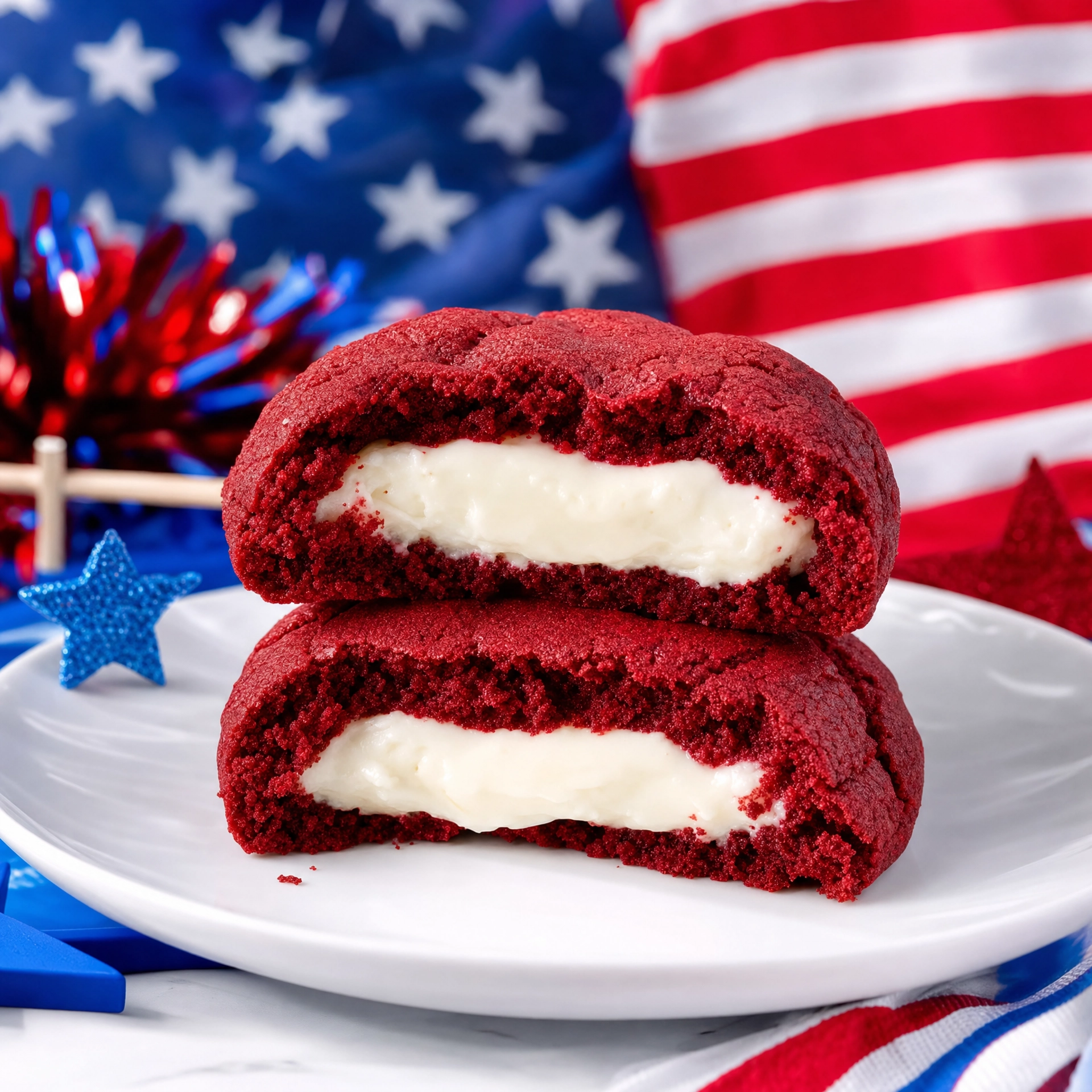 Red velvet gourmet cookie with cream cheese frosting from Bella Dolce Bakery, celebrating Independence Day.