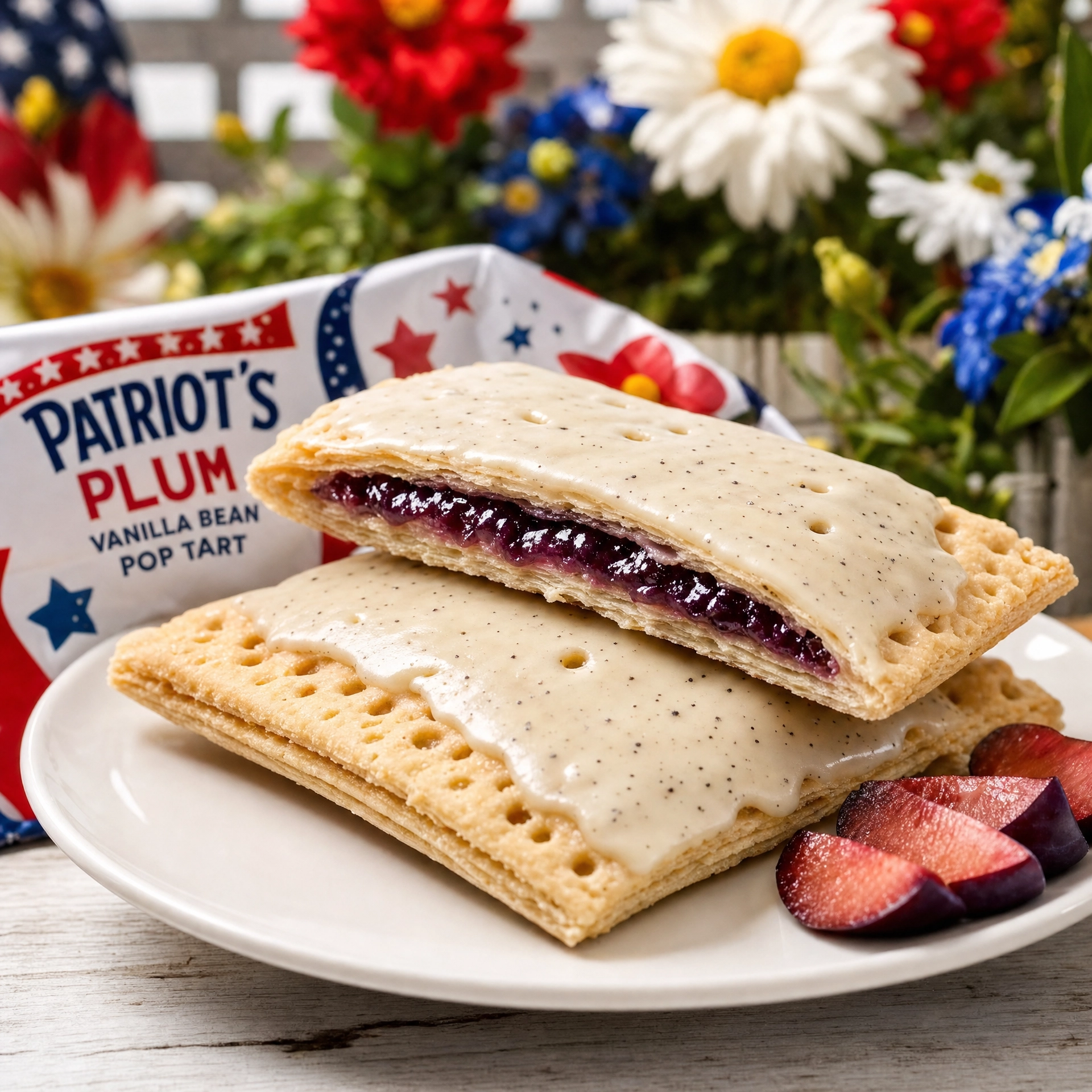 Bella Dolce Bakery Patriot's Plum Vanilla Bean Glam Tart showcasing a decorative tart with plum and vanilla bean flavors.