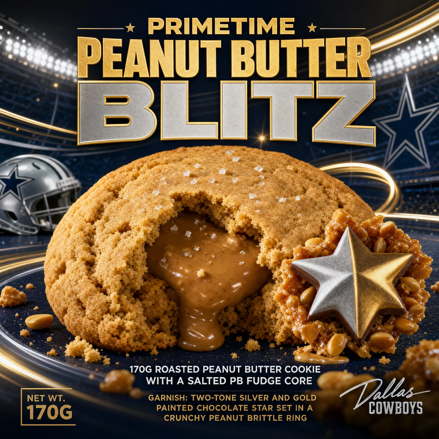 Bella Dolce Bakery Primetime Peanut Butter Blitz gourmet cookie with peanut butter filling and chocolate chips on a plate.