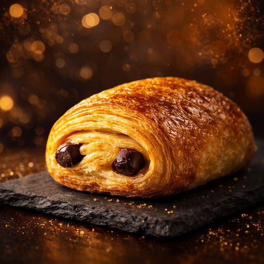 Delicious Coco Chanel-lat Pain Au Chocolat pastry from Bella Dolce Bakery, showcasing flaky golden layers with chocolate filling inside.
