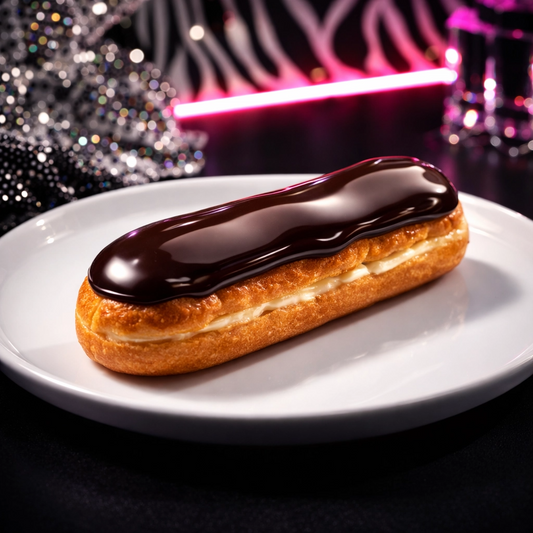 Chocolate éclair pastry from Bella Dolce Bakery, featuring a glossy chocolate glaze and creamy filling.