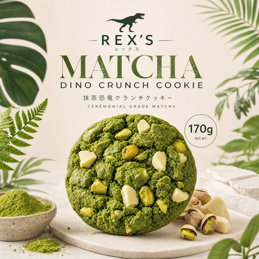 Rex's Matcha Dina Crunch gourmet cookie by Bella Dolce Bakery featuring a crunchy matcha-flavored cookie with a fun dinosaur shape.