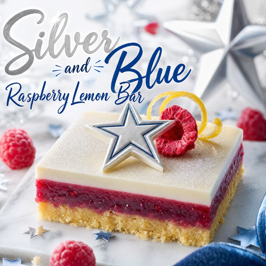 Silver and blue raspberry lemon bars from Bella Dolce Bakery's extreme brownie collection, featuring vibrant colors and citrus flavors.