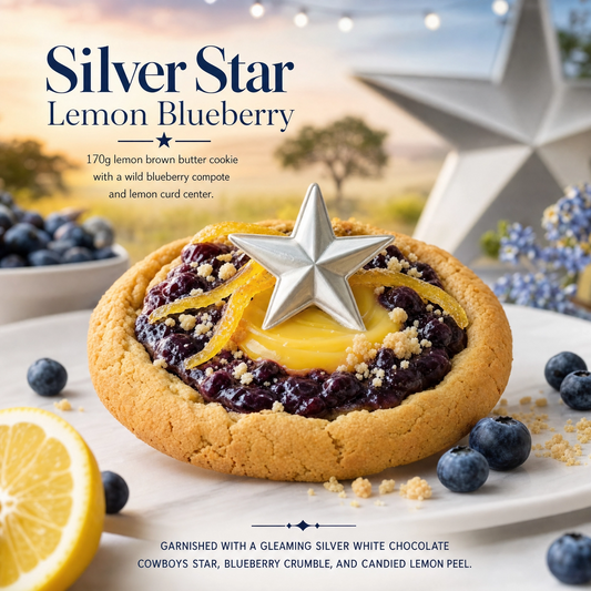 Silver star-shaped lemon blueberry gourmet cookie from Bella Dolce Bakery, featuring vibrant lemon and blueberry flavors.