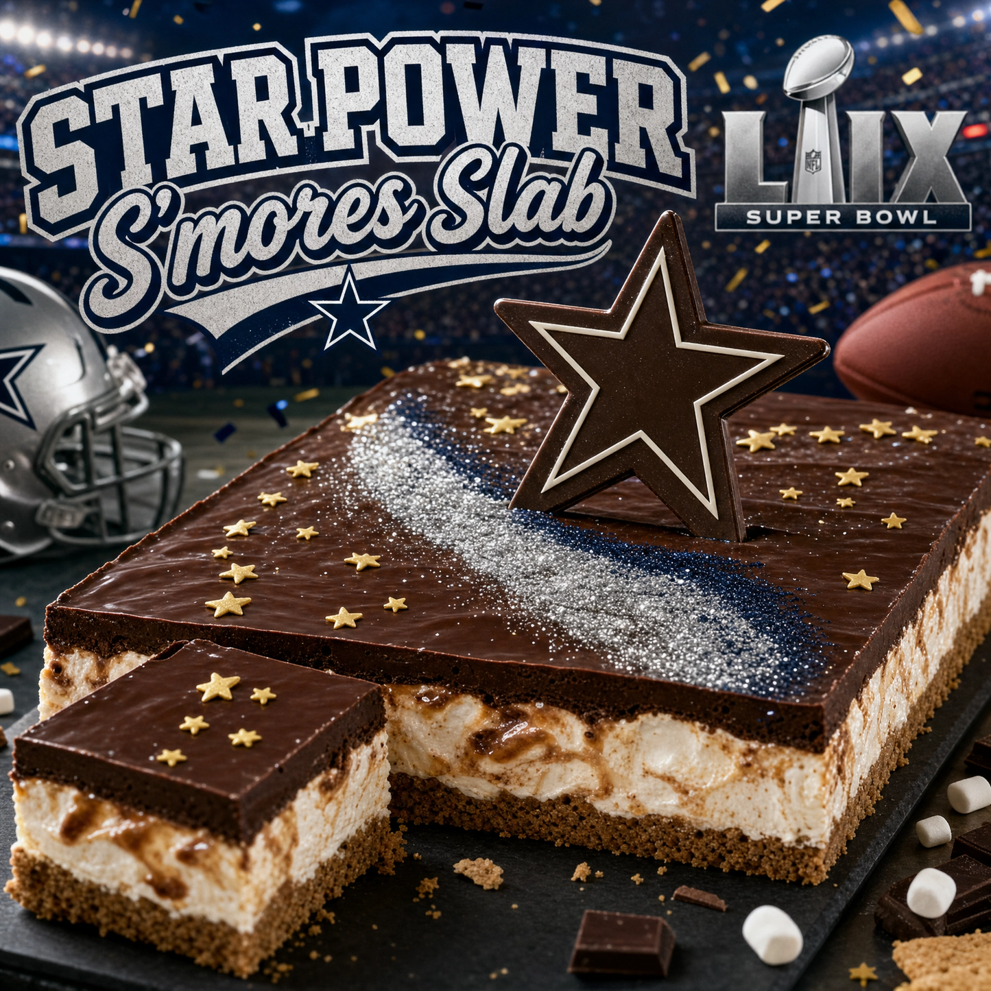 Star Studded S'mores Bars by Bella Dolce Bakery featuring an extreme brownie with star-shaped chocolate and marshmallow toppings.