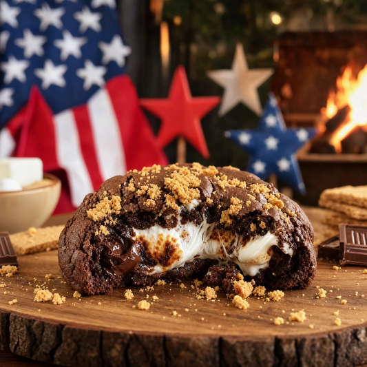 Bella Dolce Bakery Stars & Stripes S'mores Explosion gourmet cookie with colorful star and stripe decorations on a plate