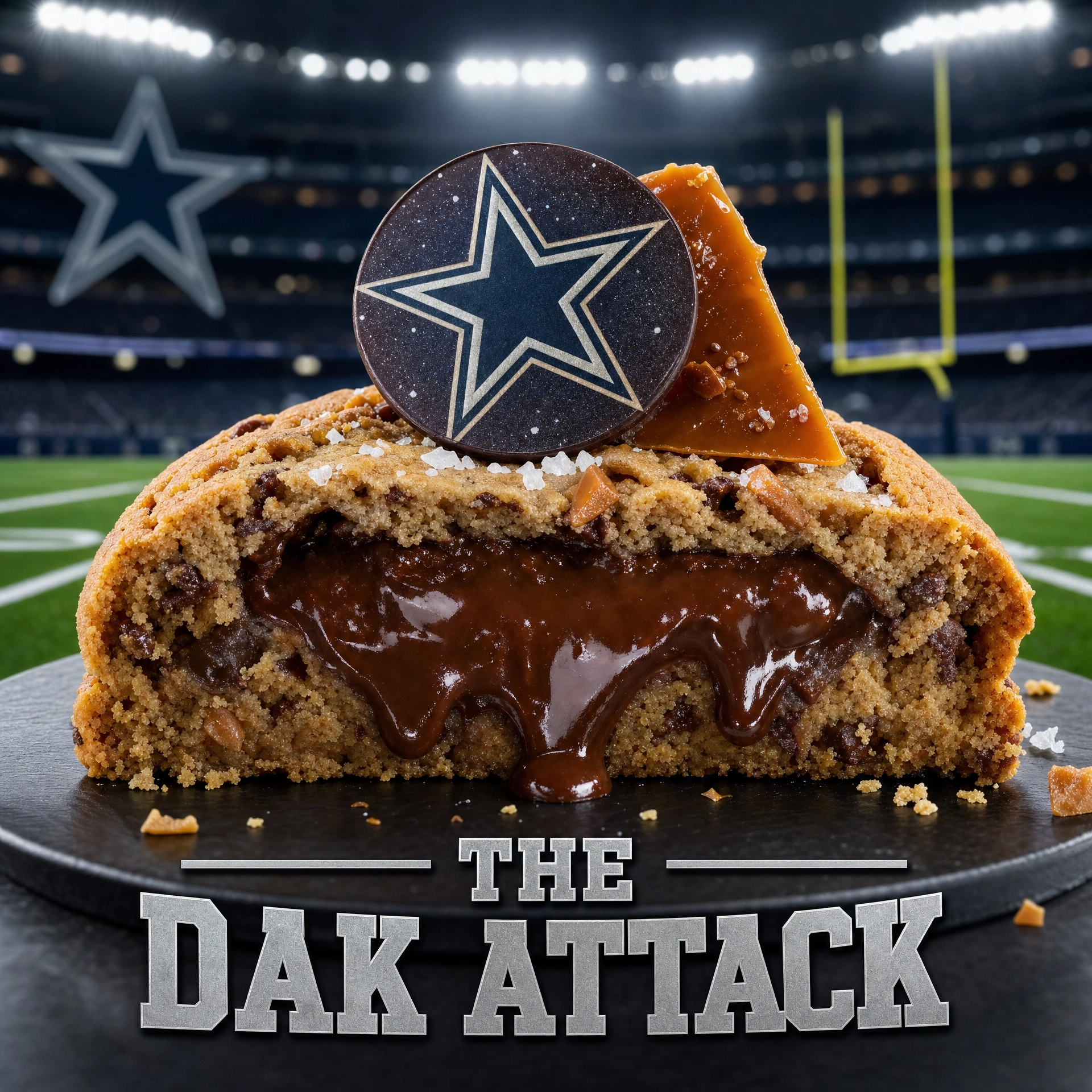 Gourmet Dark Attack Cookie by Bella Dolce Bakery featuring rich chocolate and decadent toppings on a white plate.