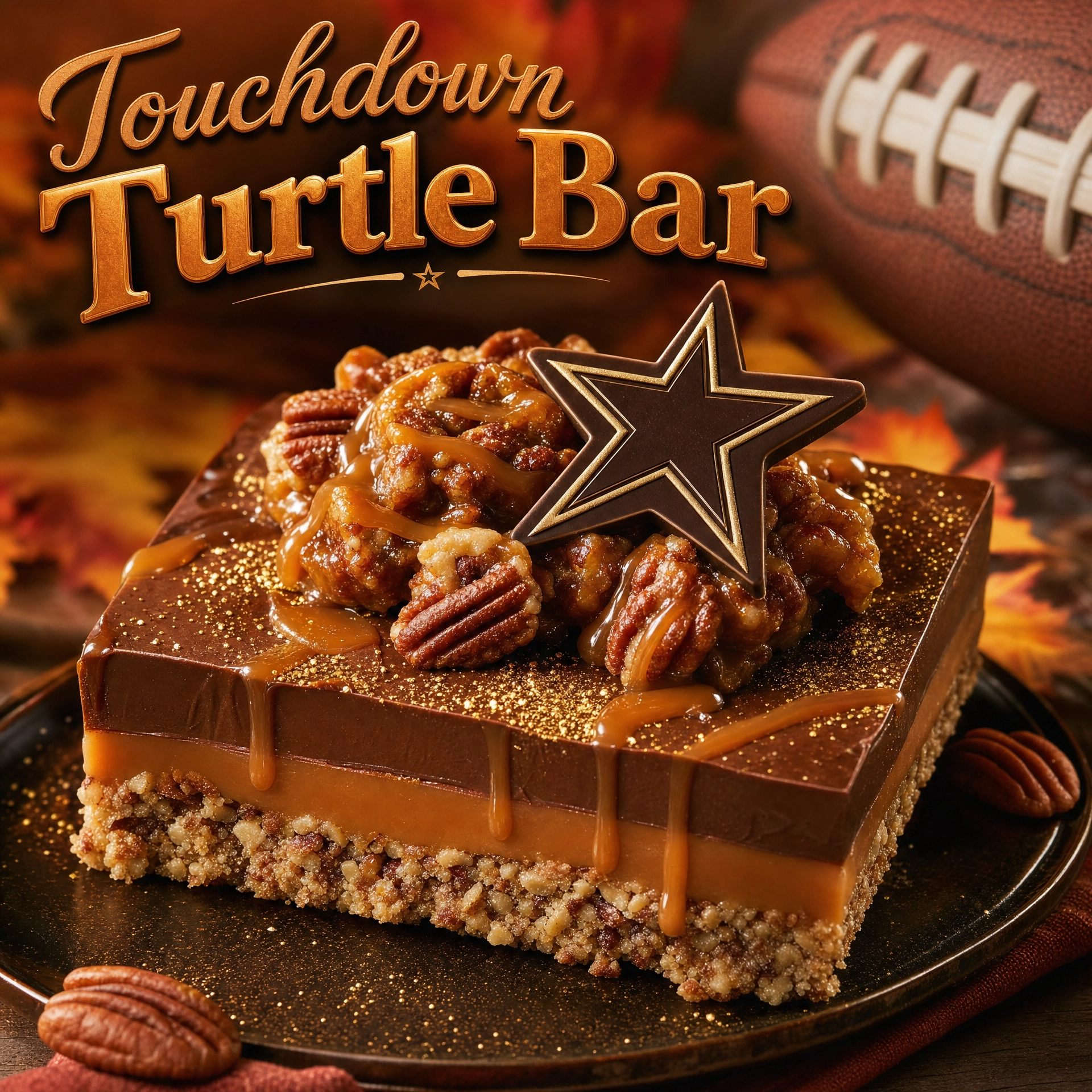 Extreme Brownie Touch Down Turtle Bar by Bella Dolce Bakery featuring rich chocolate, caramel, and pecan toppings.