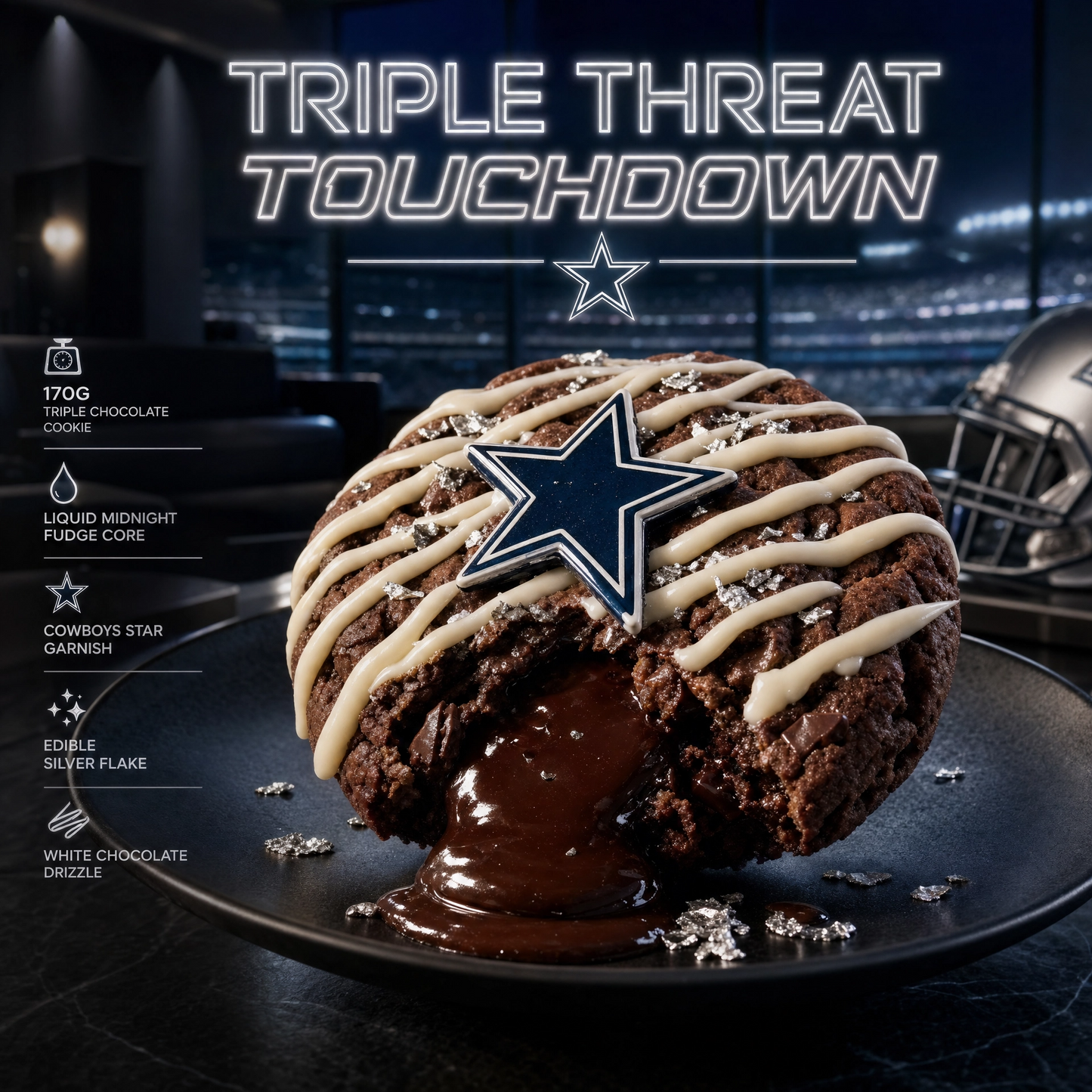 Bella Dolce Bakery Triple Threat Touchdown gourmet cookie with chocolate, nuts, and caramel on a plate.