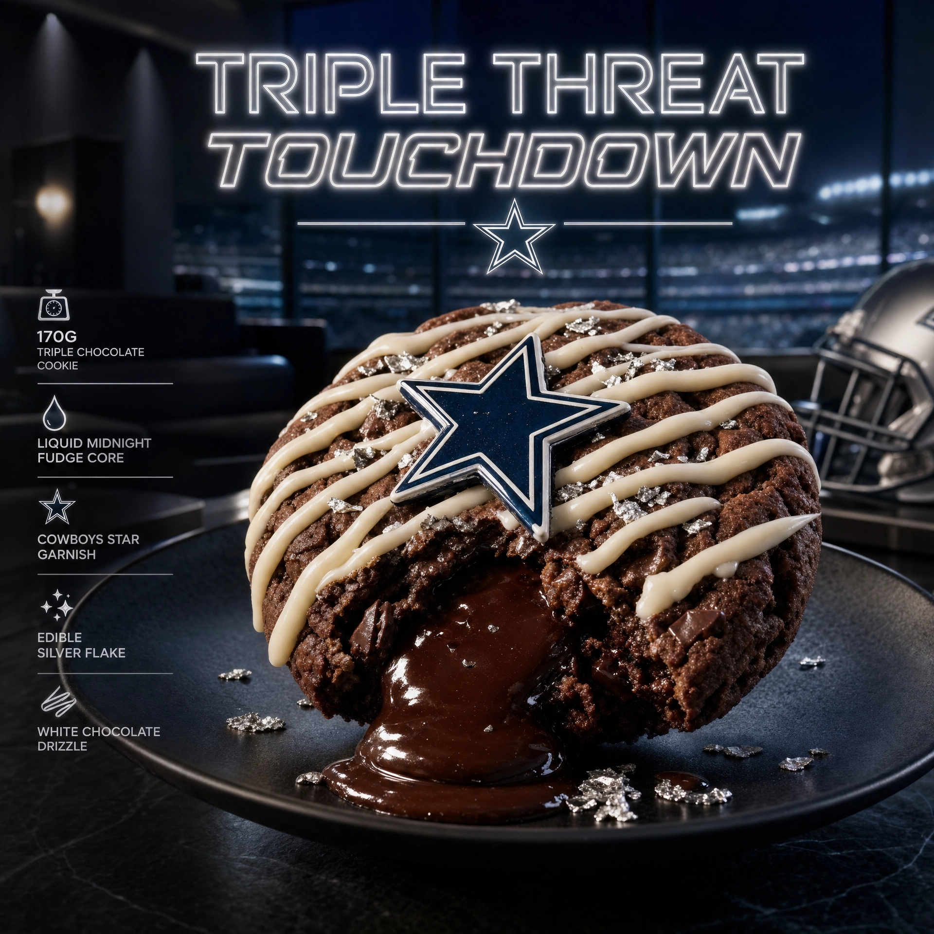 Bella Dolce Bakery Triple Threat Touchdown gourmet cookie with chocolate, nuts, and caramel on a plate.