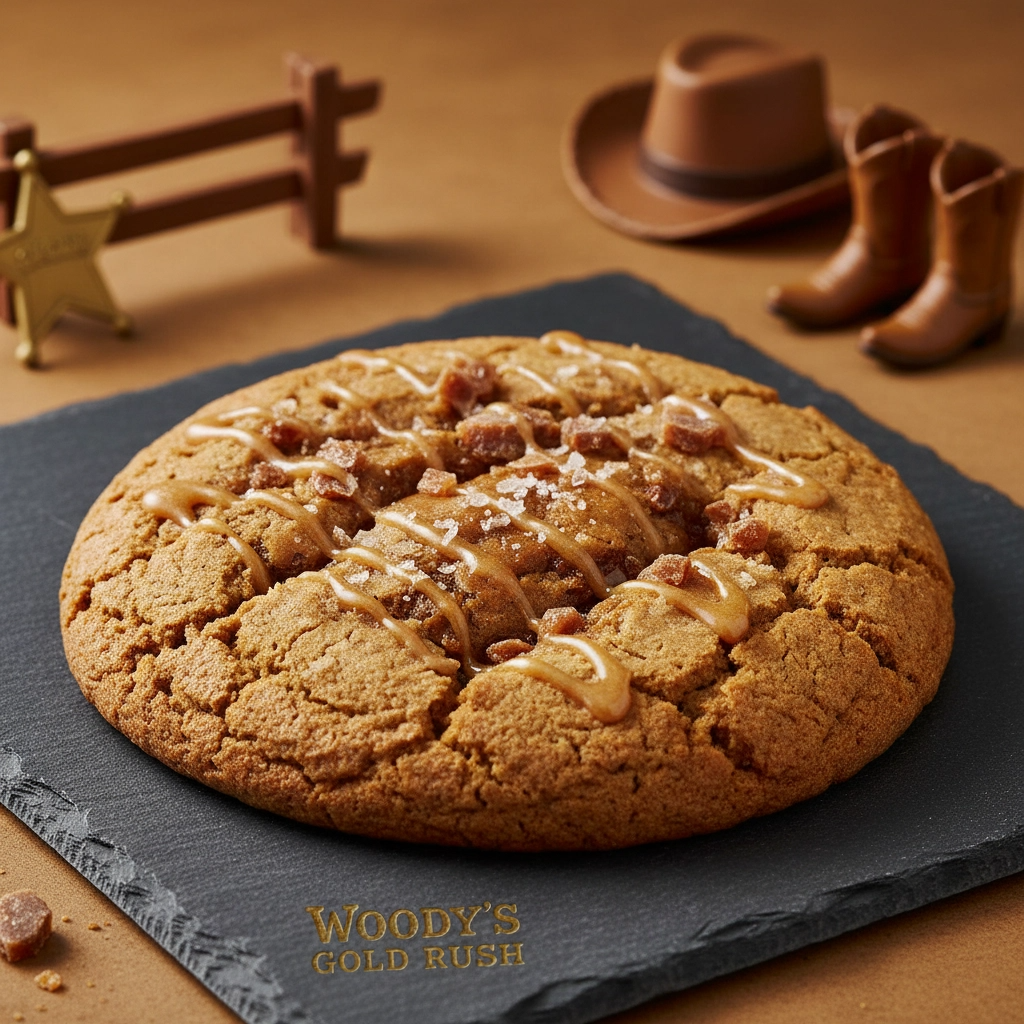 Golden Woody's Brown Butter Toffee Gourmet Cookie by Bella Dolce Bakery with toffee pieces and a rich, buttery texture.
